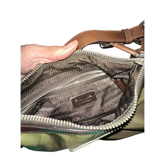 Prada Women khaki Green Brown Leather Trim silver Nylon Hobo Shoulder Bag purse - Picture 6 of 16